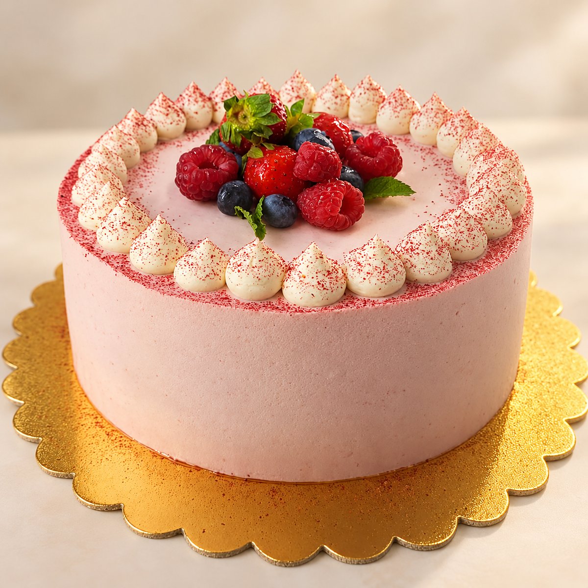 Tort roz cu mousse de zmeură, decor alb și fructe de pădure proaspete
